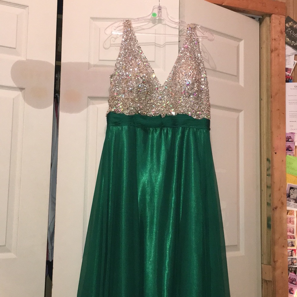 Emerald green/silver prom dress